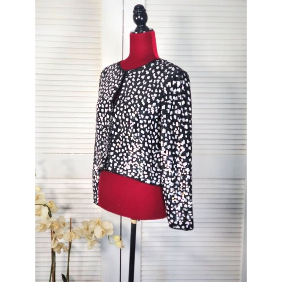 Vintage Stenag  Black and White Sequin Silk Bolero Evening Jacket Sz P S 1599 - Picture 3 of 12